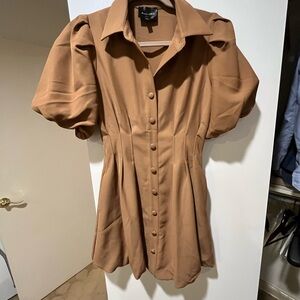 Forever 21 Tan Mini Puff Sleeve Shirt Dress